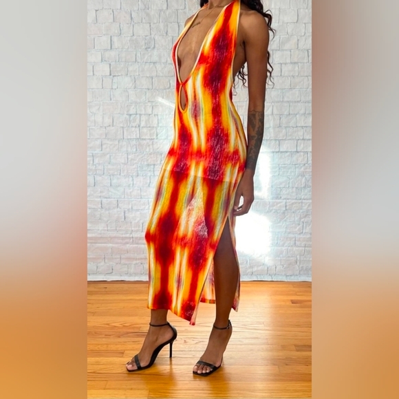 SHEIN Dresses & Skirts - SHEIN XS Halter Cutout Maxi Dress Red Orange Split